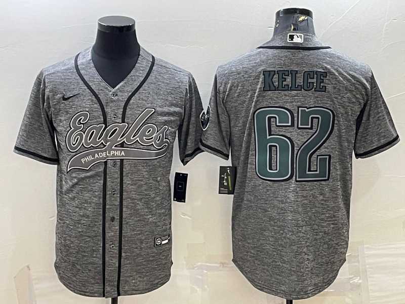 Mens Philadelphia Eagles #62 Jason Kelce Grey Gridiron Patch Cool Base Stitched Baseball Jersey
